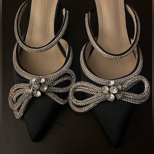 *BRAND NEW* MACH & MACH Double Bow Heeled Mules Satin 65 with Silver Crystals